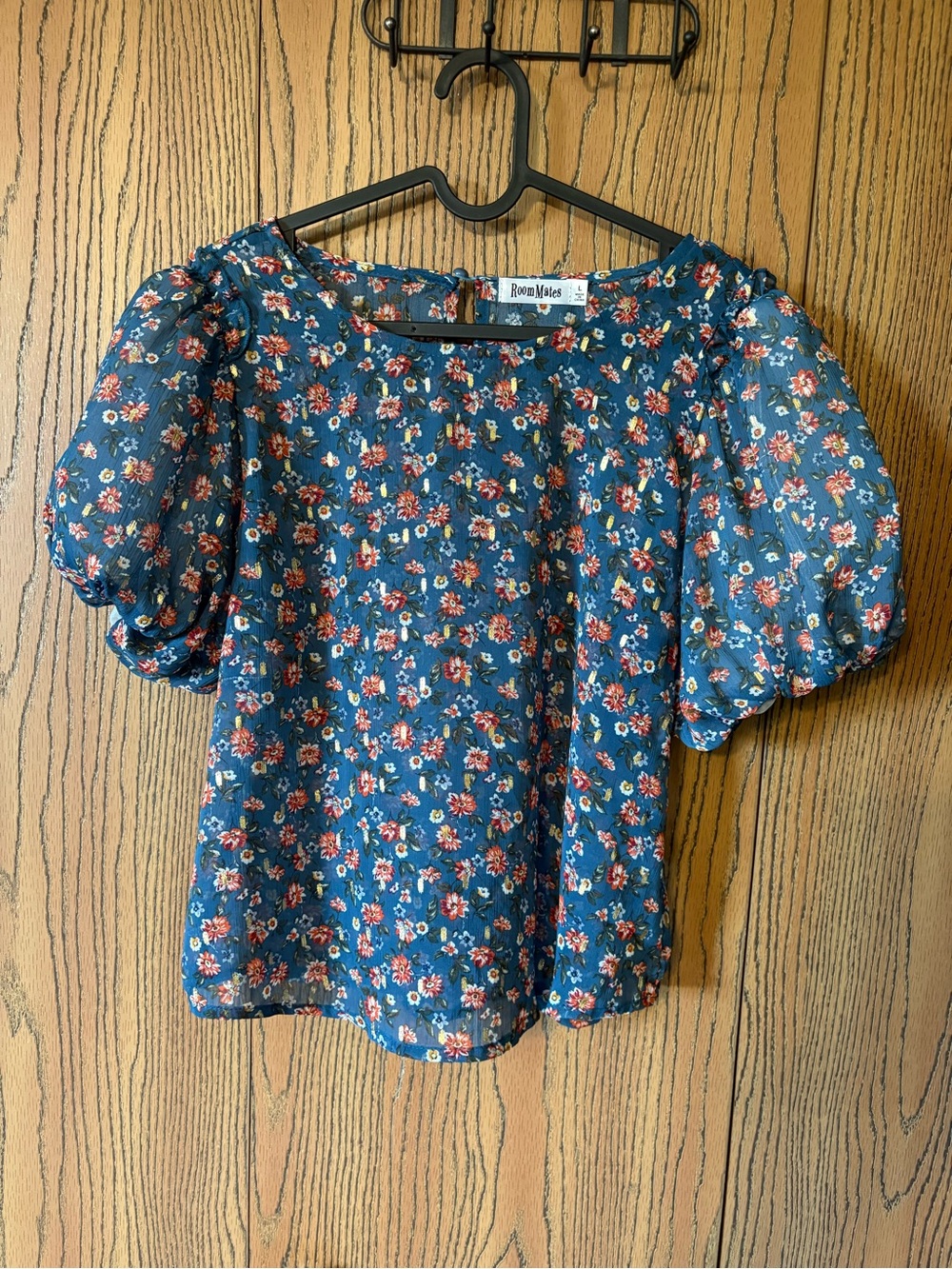 Blue Floral Blouse with Gold Detailing and Puffy Sleeves
